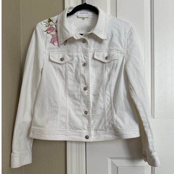 ESCADA White Floral Embroidered Cotton Trucker Jacket Size 42 - Picture 1 of 8